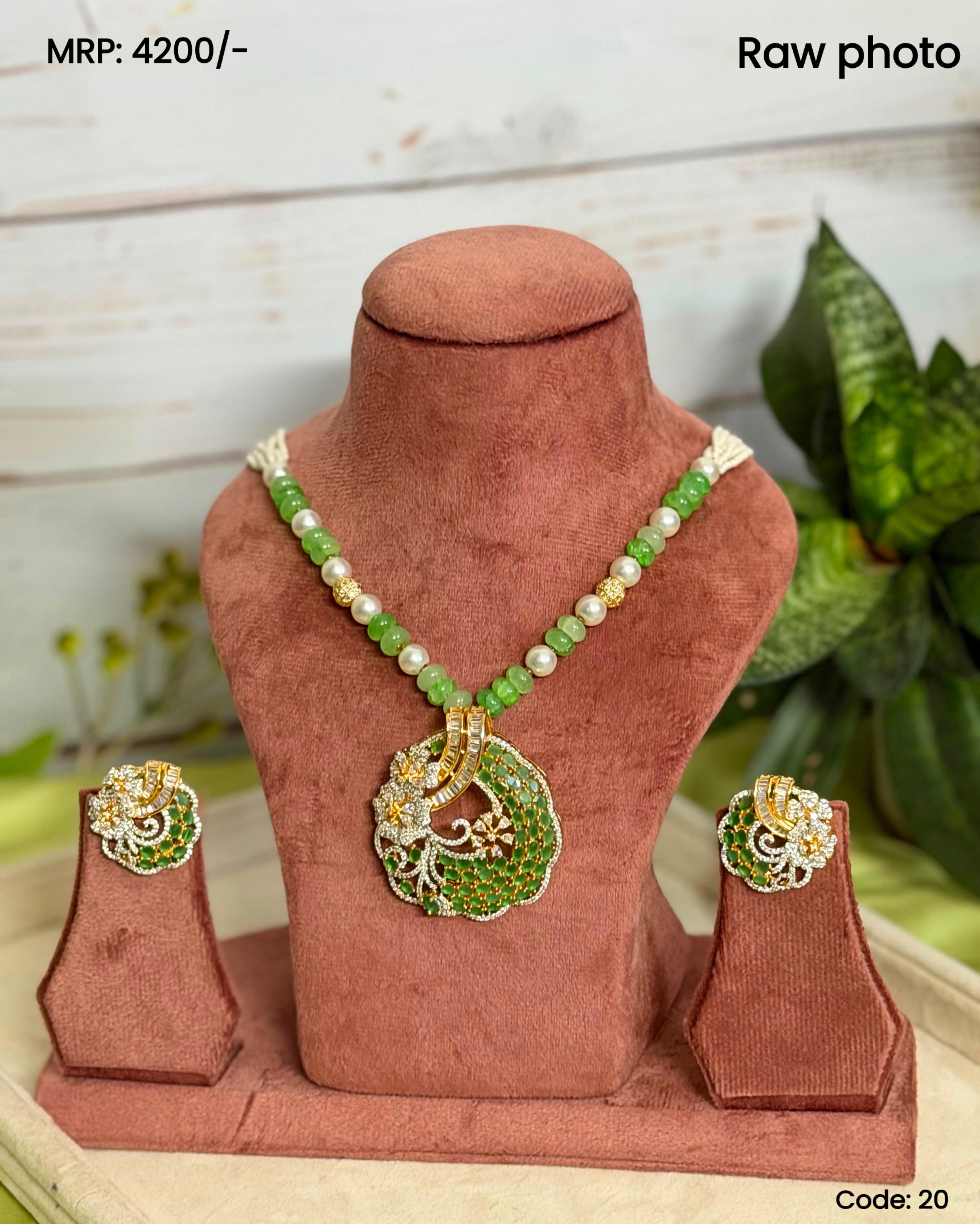 Emerald Floral Pendant Set | Green Beaded Necklace Set | Anti Tarnish Jewellery