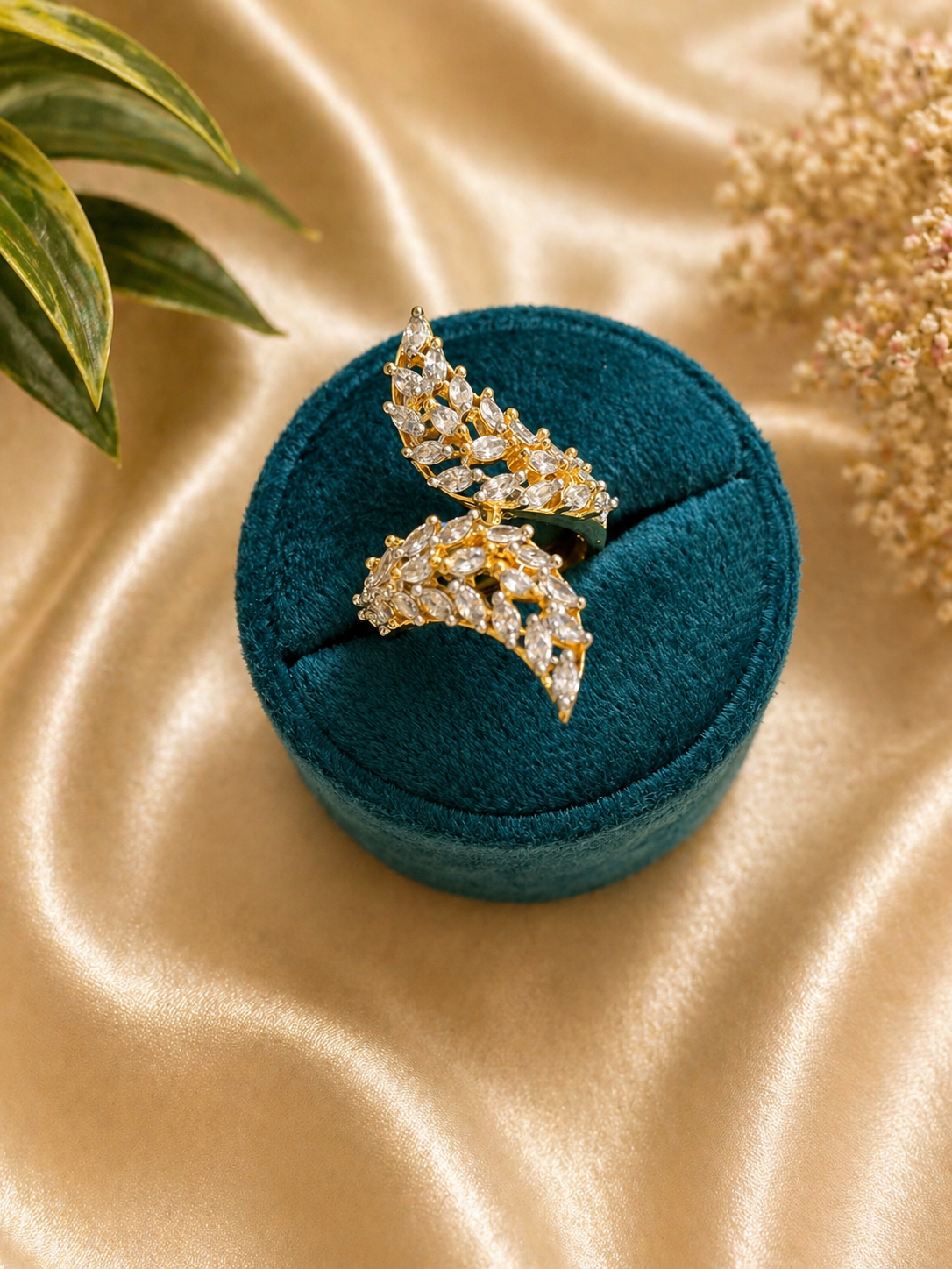 Dual Leaf Crystal Statement Ring (Adjustable Open Design)