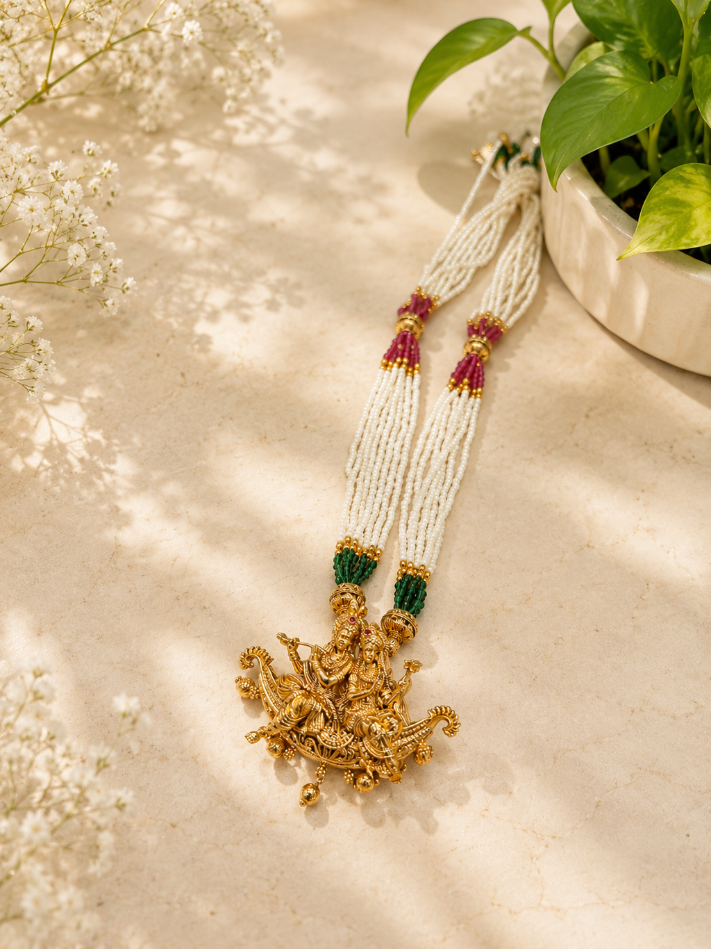 Temple Radha Krishna Pearl Necklace Set | Antique Gold Finish Jhumka Earrings | Anti Tarnish Jewellery