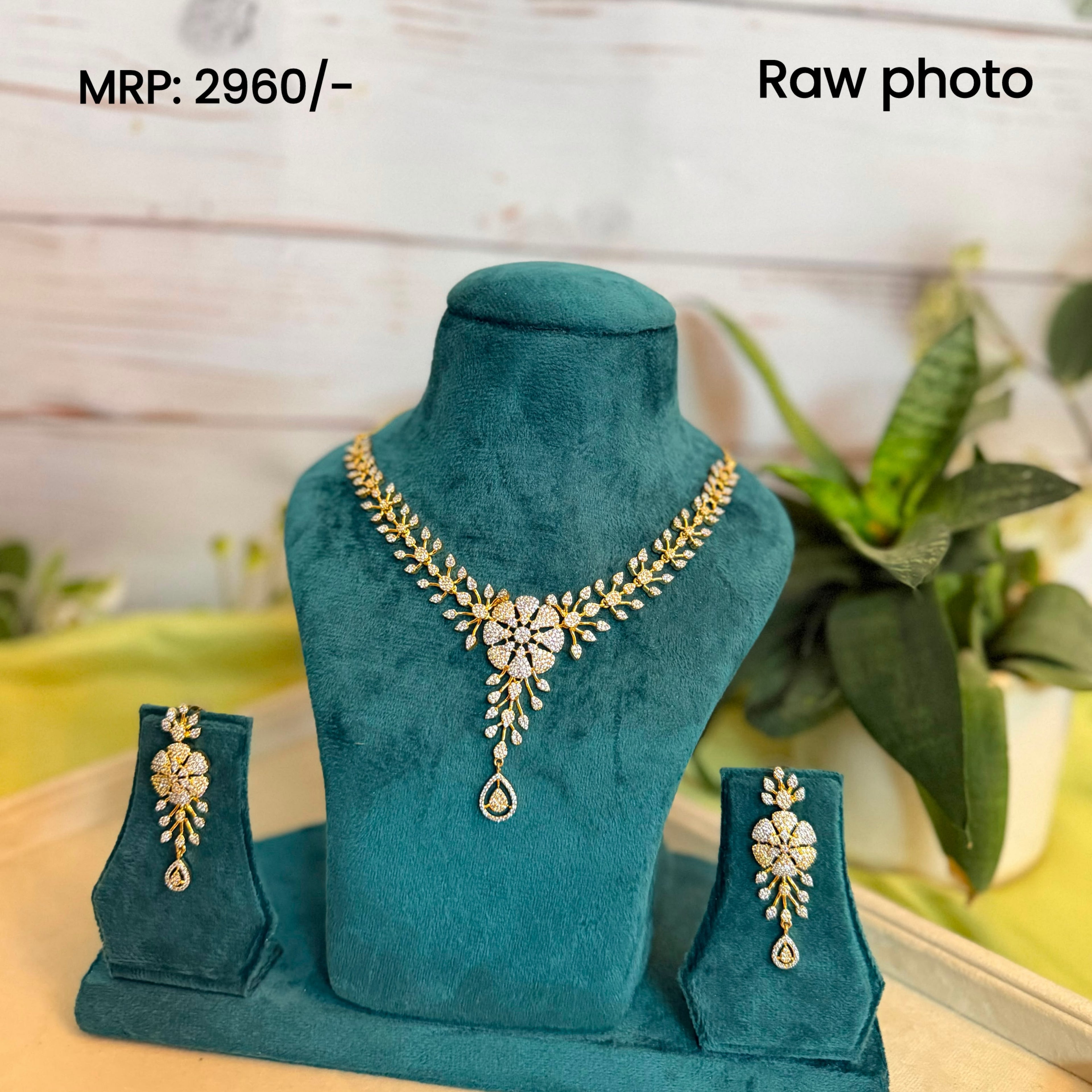 Gold Plated American Diamond Floral Bridal Necklace Set with Drop Earrings