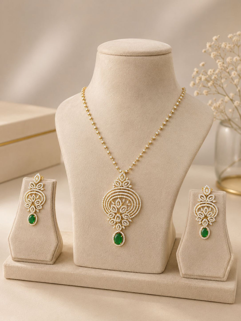 Emerald Drop Diamond Pendant Necklace Set
