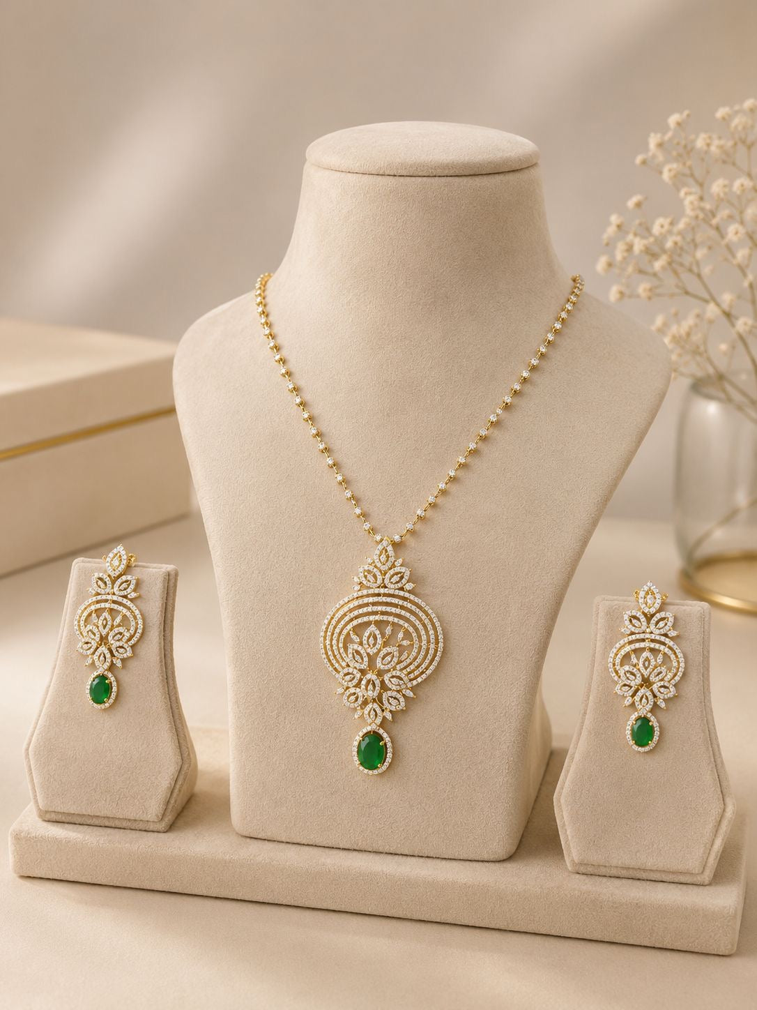 Emerald Drop Diamond Pendant Necklace Set