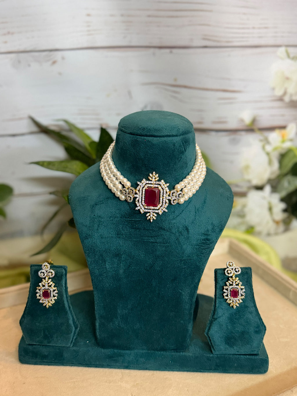 Ruby Pearl Necklace Set with Diamond Look Detailing