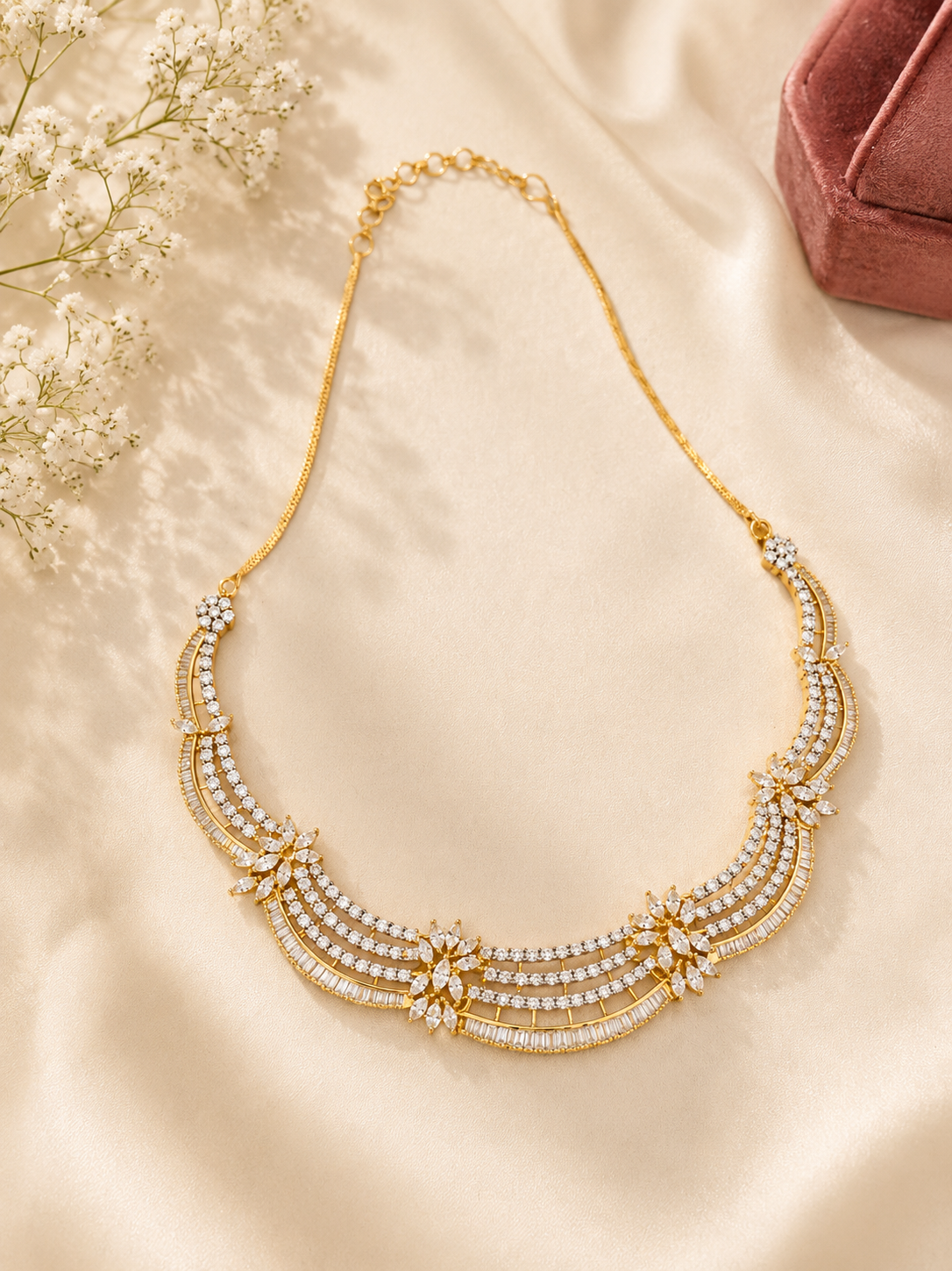 Aurielle Cascade Diamond Look Necklace Set | Luxury American Diamond Party Wear Jewellery
