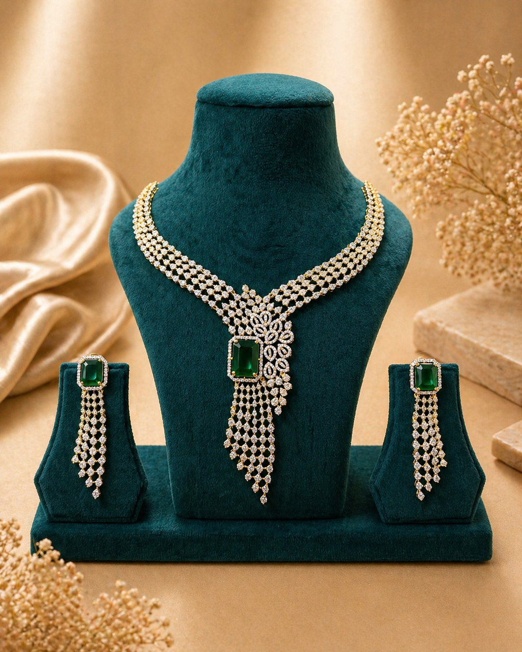 Emerald Green Statement Necklace Set with American Diamonds and Drop Earrings
