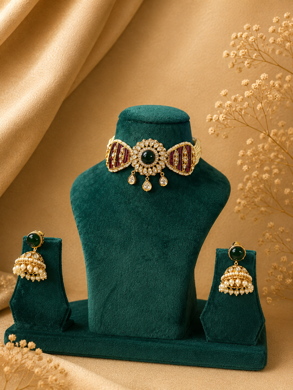 Ruby Green Kundan Choker Necklace Set