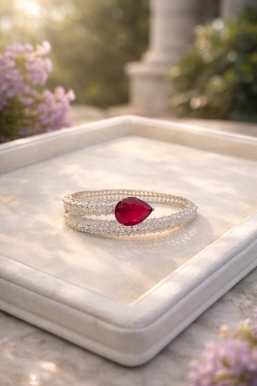Adjustable Ruby Stone Statement Bracelet with Diamond Look Finish