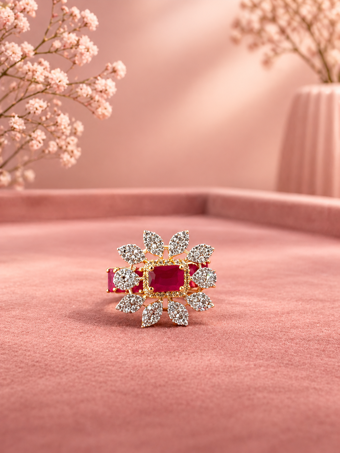 Adjustable Ruby Red Stone Floral Statement Ring with Diamond Look Detailing