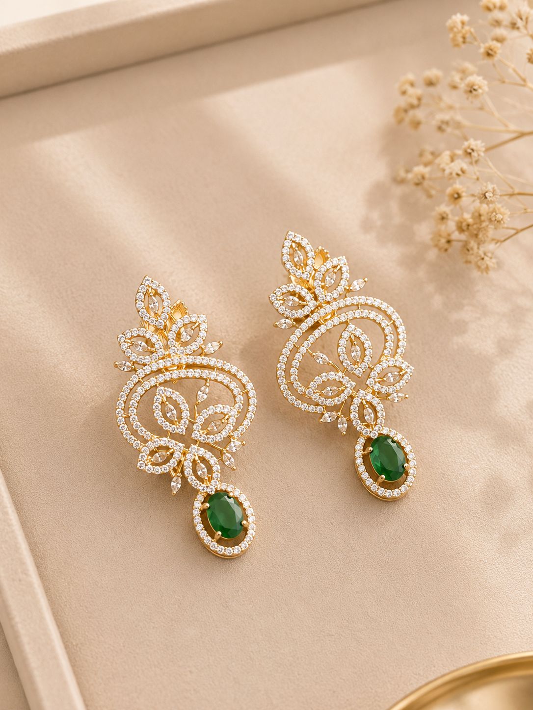 Emerald Drop Diamond Pendant Necklace Set
