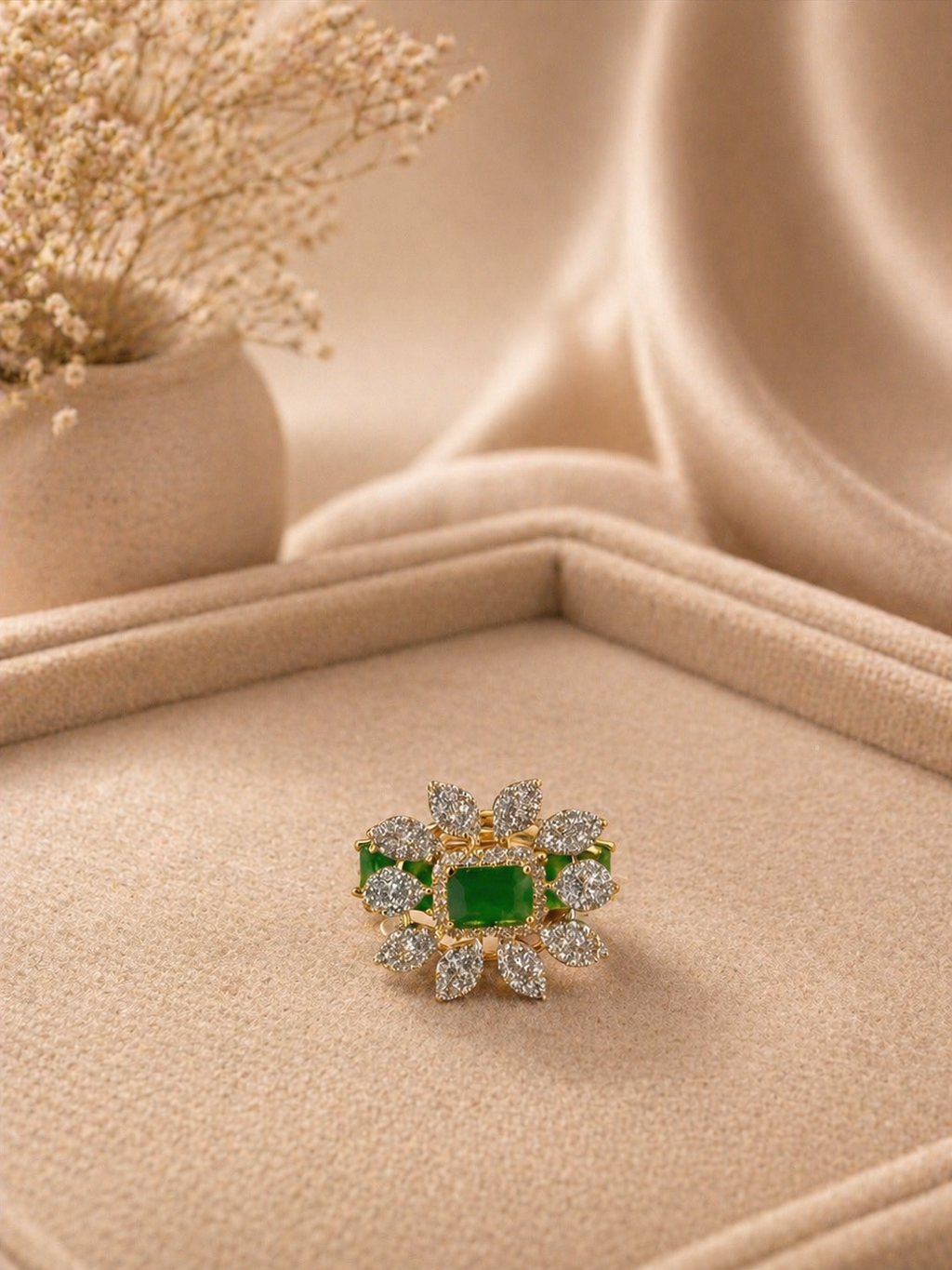 Adjustable Emerald Green Stone Statement Ring with Diamond Look Floral Design