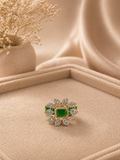 Adjustable Emerald Green Stone Statement Ring with Diamond Look Floral Design