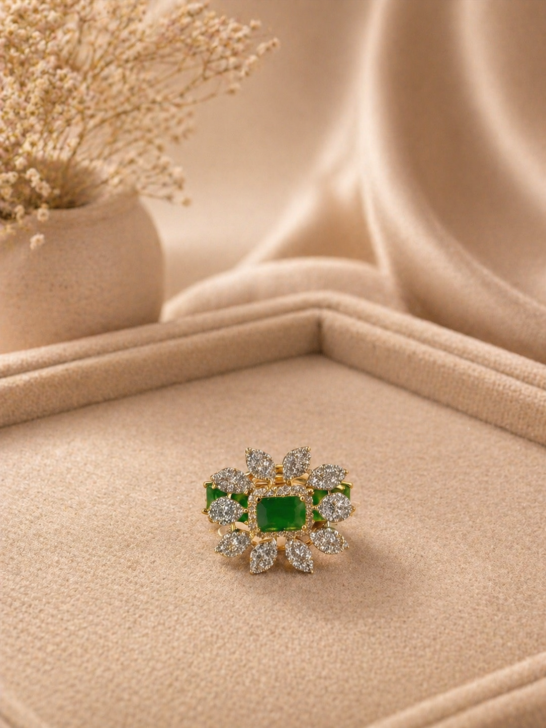 Adjustable Emerald Green Stone Statement Ring with Diamond Look Floral Design