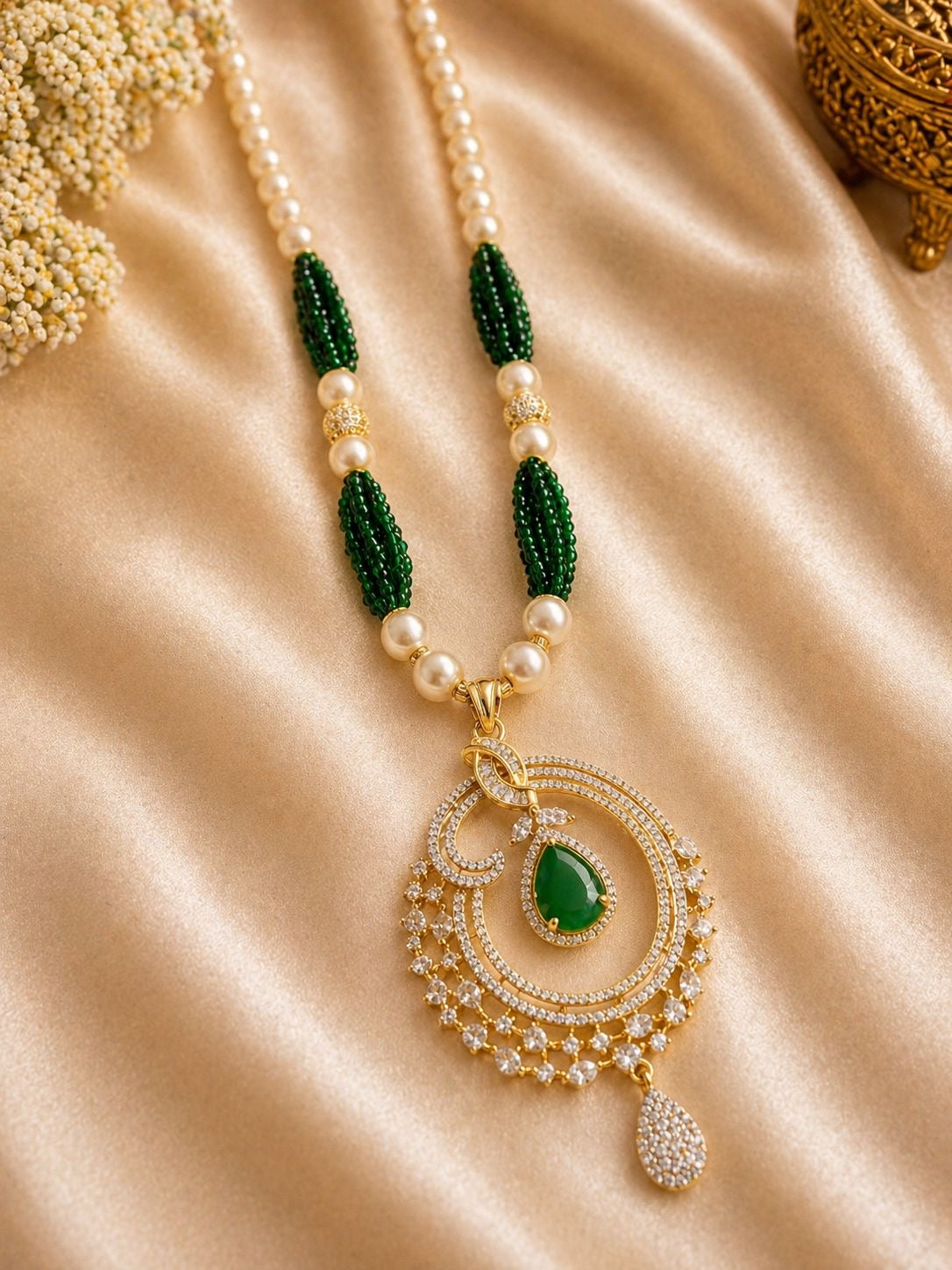 Green Stone and Pearl Gold Plated Pendant Necklace Set with Matching Earrings