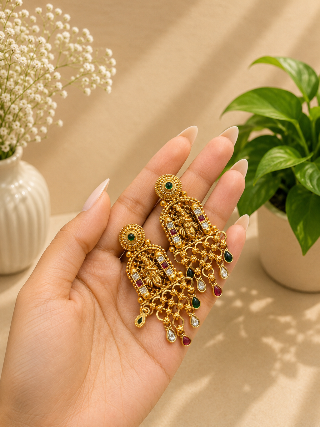 Temple Lakshmi Pearl Pendant Necklace | Antique Gold Beaded Temple Jewellery | Anti Tarnish