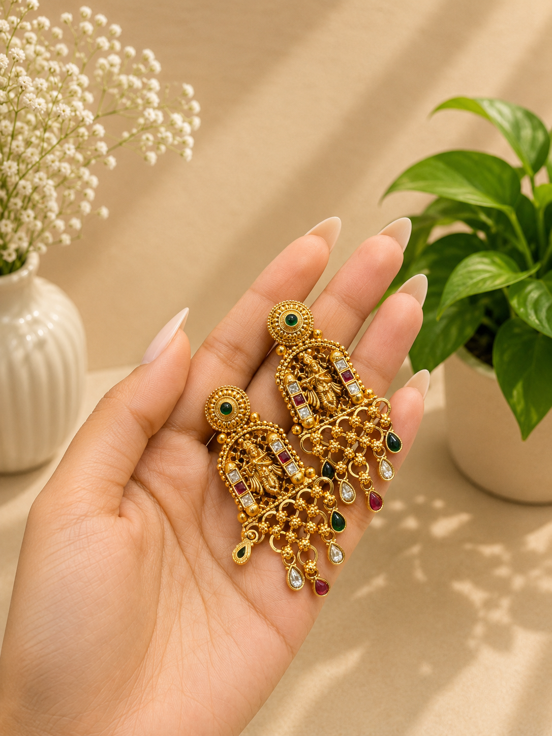Temple Lakshmi Pearl Pendant Necklace | Antique Gold Beaded Temple Jewellery | Anti Tarnish