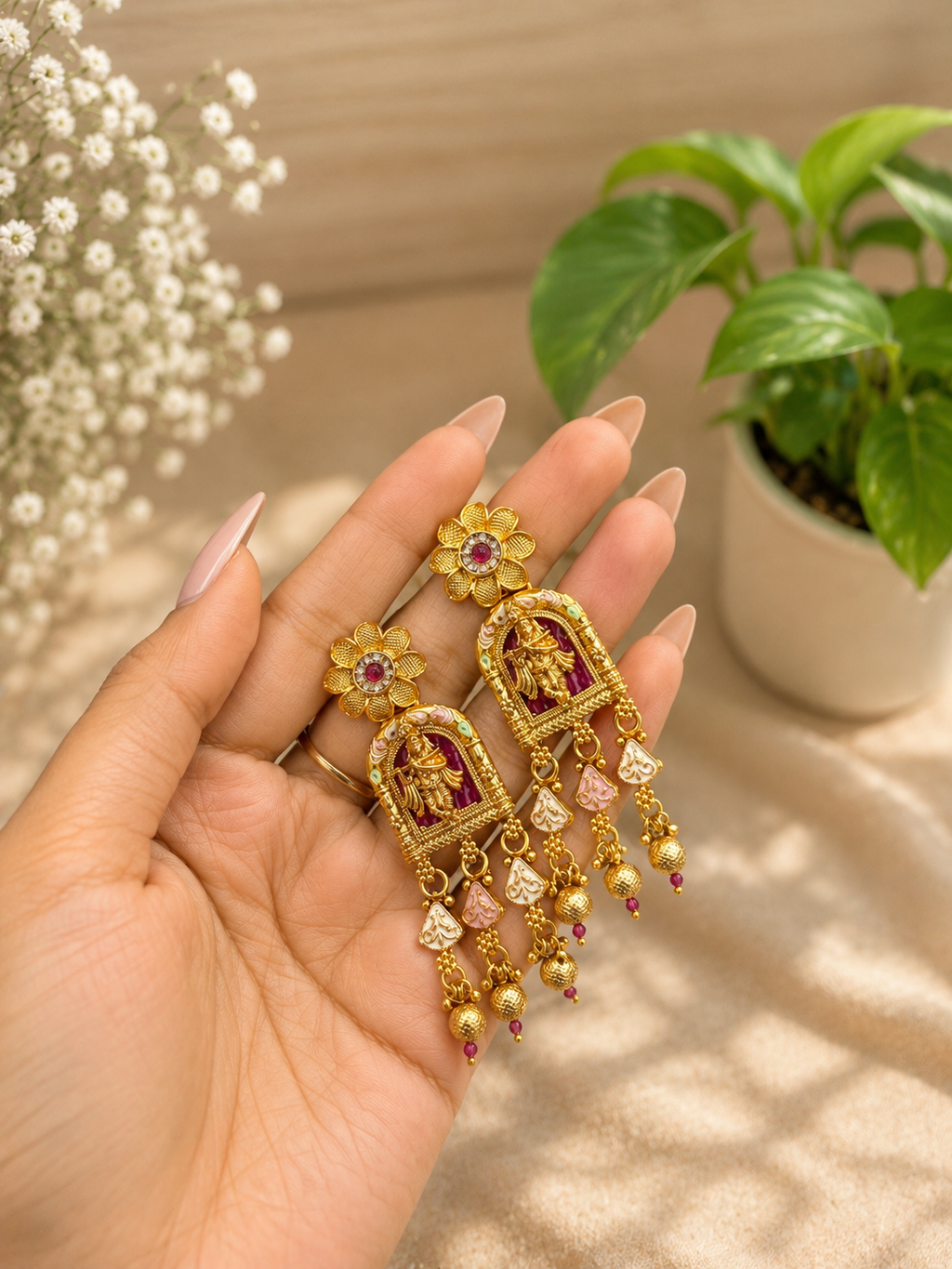 Temple Radha Krishna Pearl Pendant Necklace | Antique Gold Long Temple Necklace | Anti Tarnish