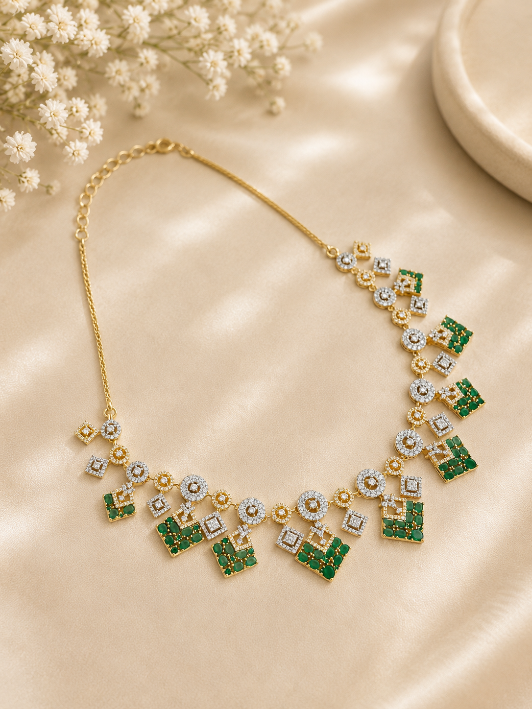 Emerald Mosaic Necklace Set | Green Stone Designer Party Wear Jewellery