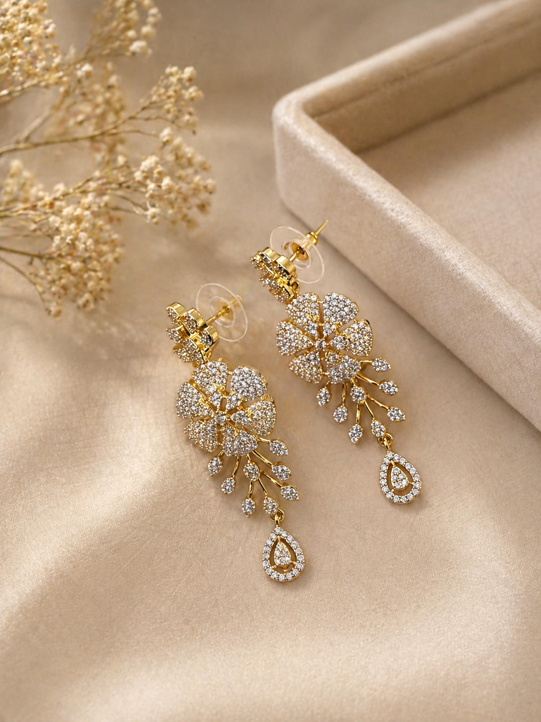 Gold Plated American Diamond Floral Bridal Necklace Set with Drop Earrings