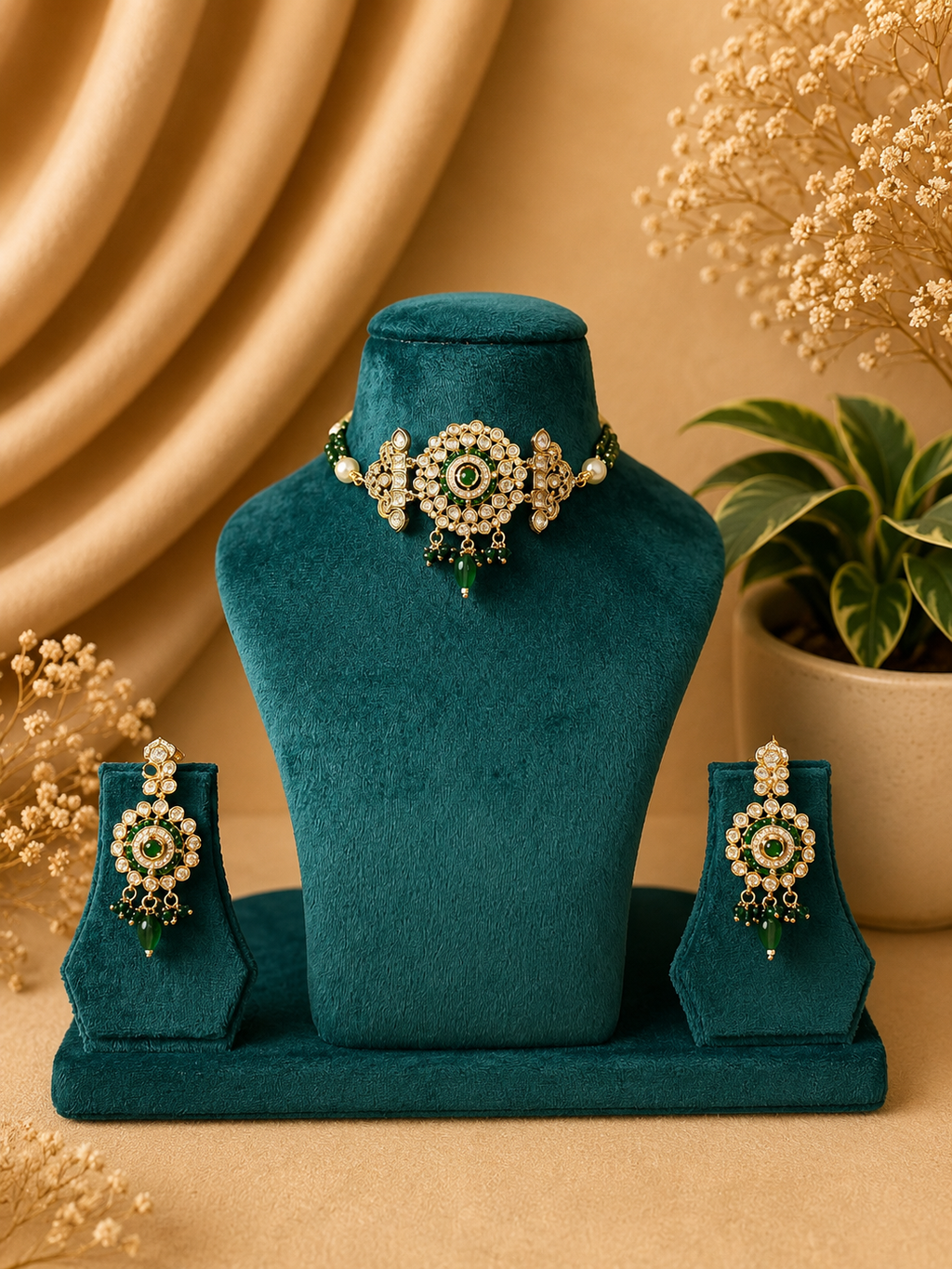 Emerald Kundan Choker Necklace Set