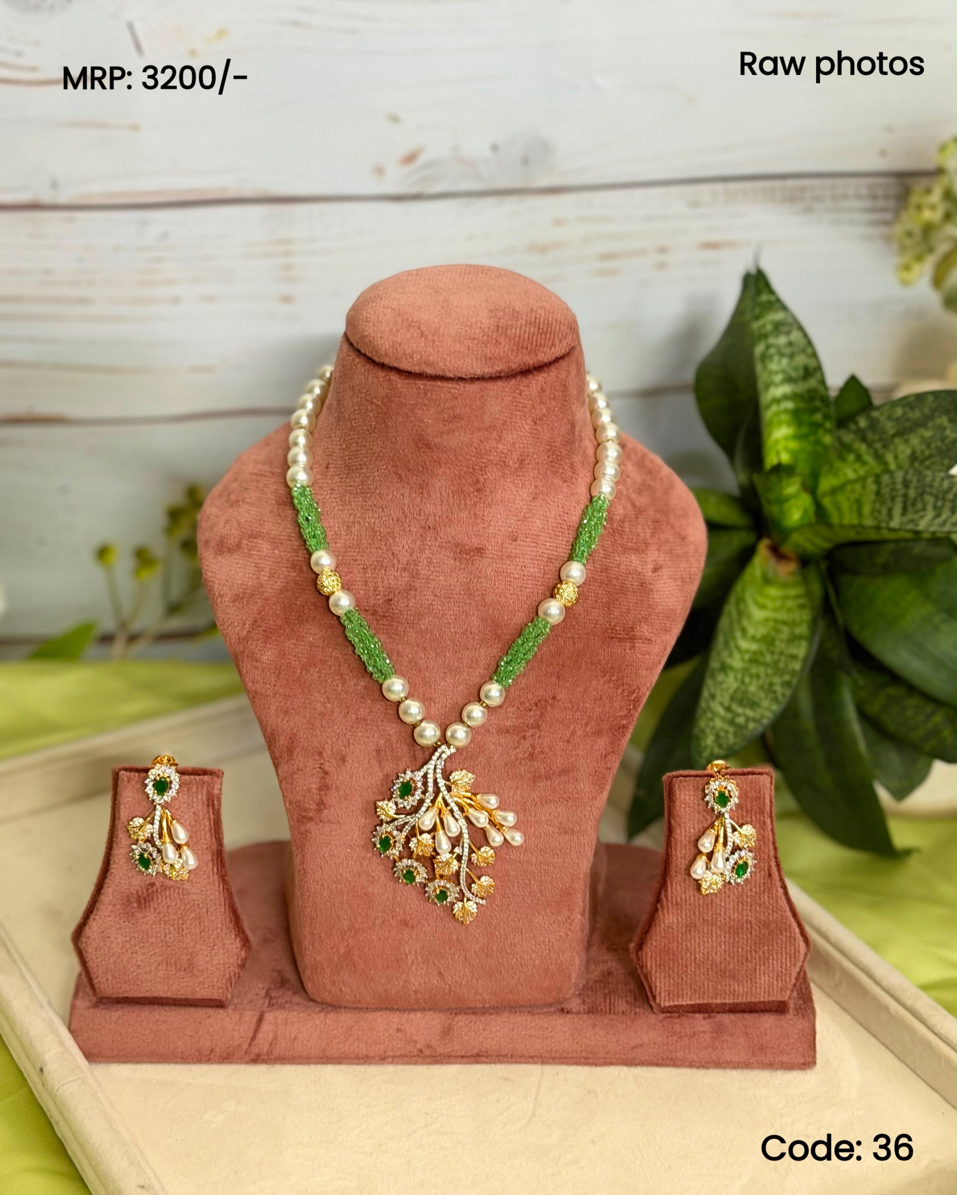 Emerald Pearl Pendant Set | Green Beaded Necklace Set | Anti Tarnish Jewellery