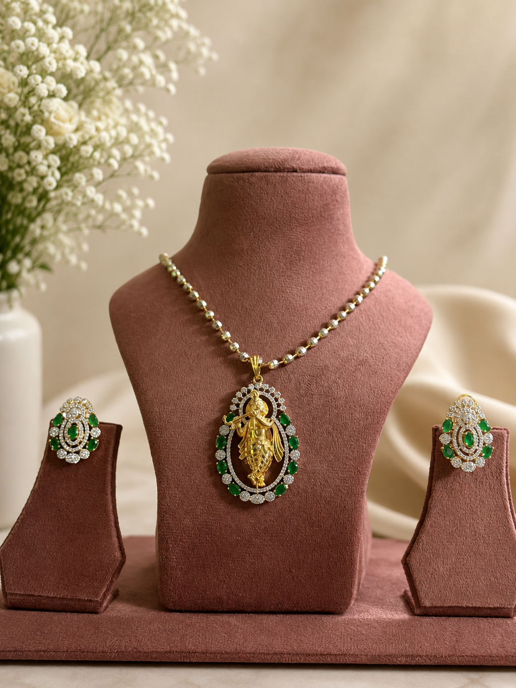 Radha Krishna Pendant Necklace Set with Green Stones | Spiritual American Diamond Jewellery