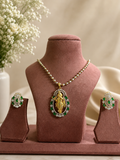 Radha Krishna Pendant Necklace Set with Green Stones | Spiritual American Diamond Jewellery