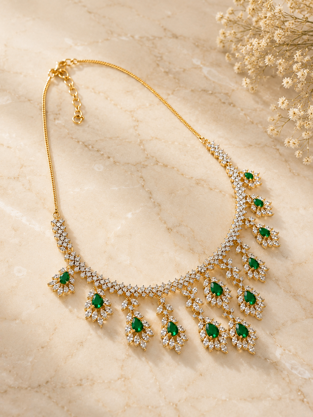 Emerald Dewdrop Diamond Look Necklace Set | Green Stone American Diamond Jewellery