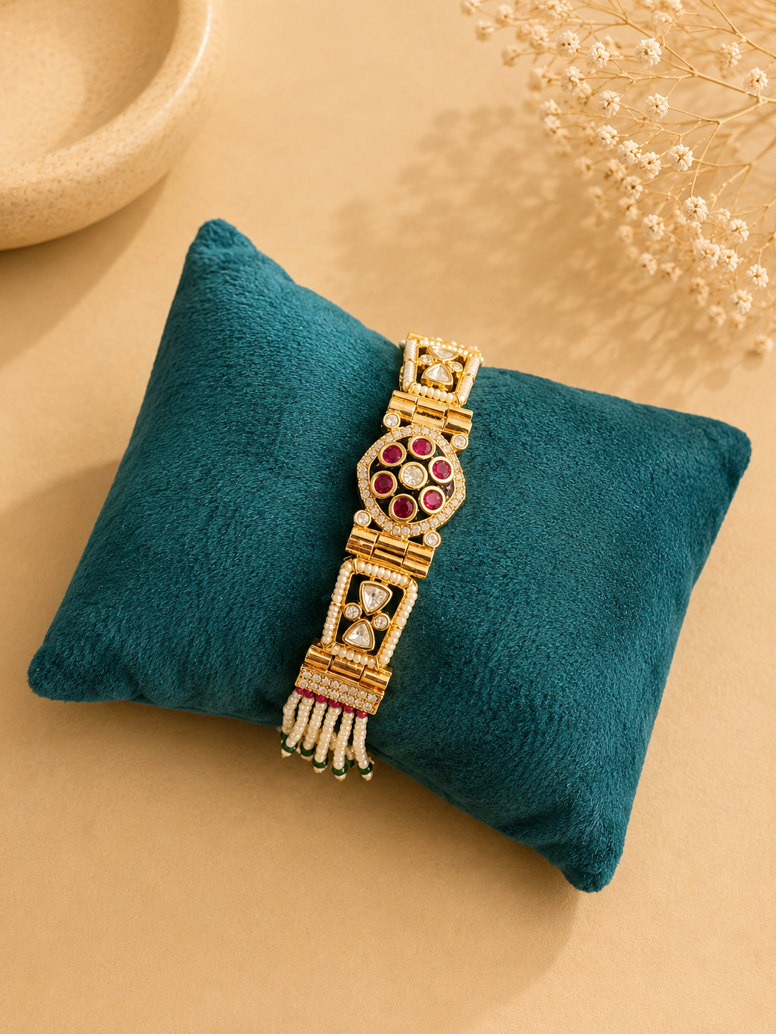 Traditional Pearl Beaded Bracelet with Ruby Accents