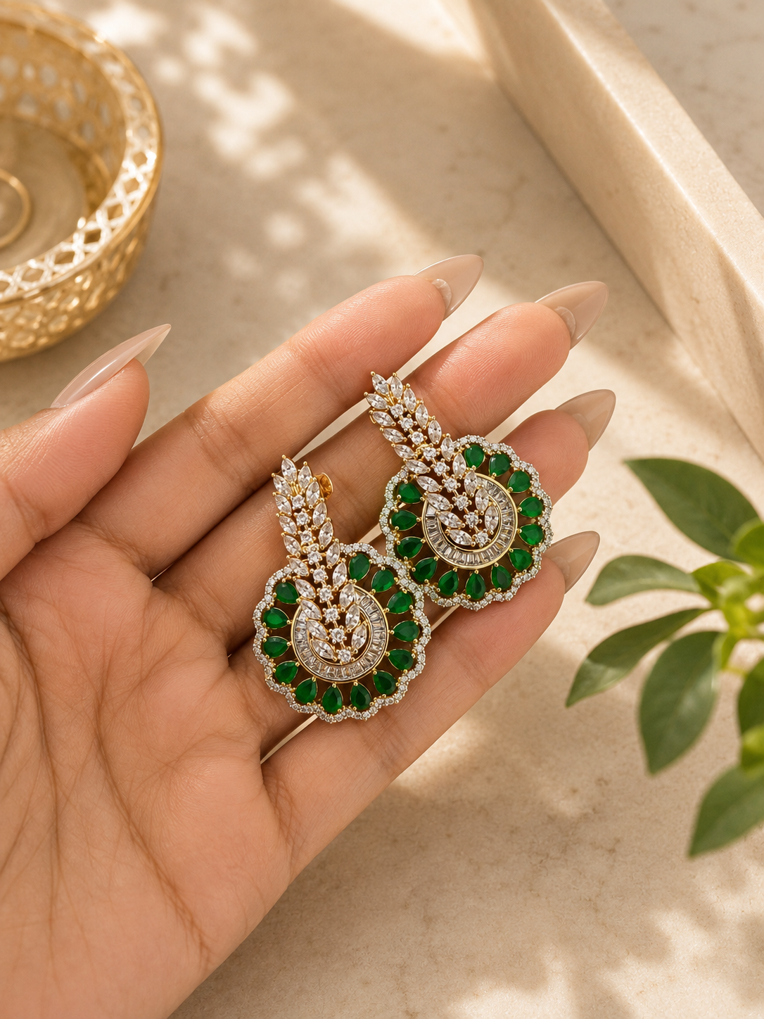 Emerald Halo Diamond Look Necklace Set | Green Stone American Diamond Jewellery