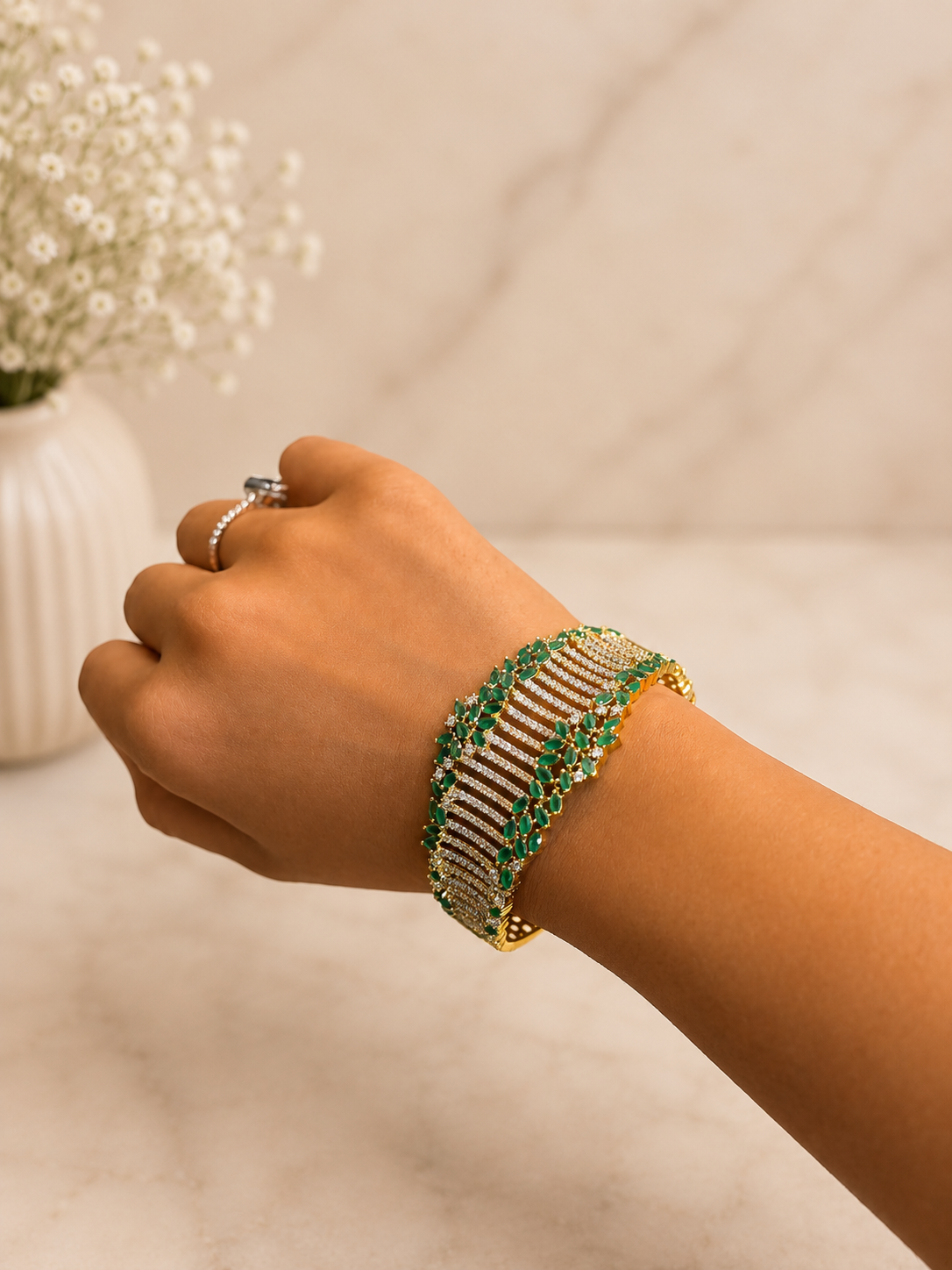 Emerald Luxe Diamond Look Broad Kada Bracelet | Premium Green Stone Statement Cuff