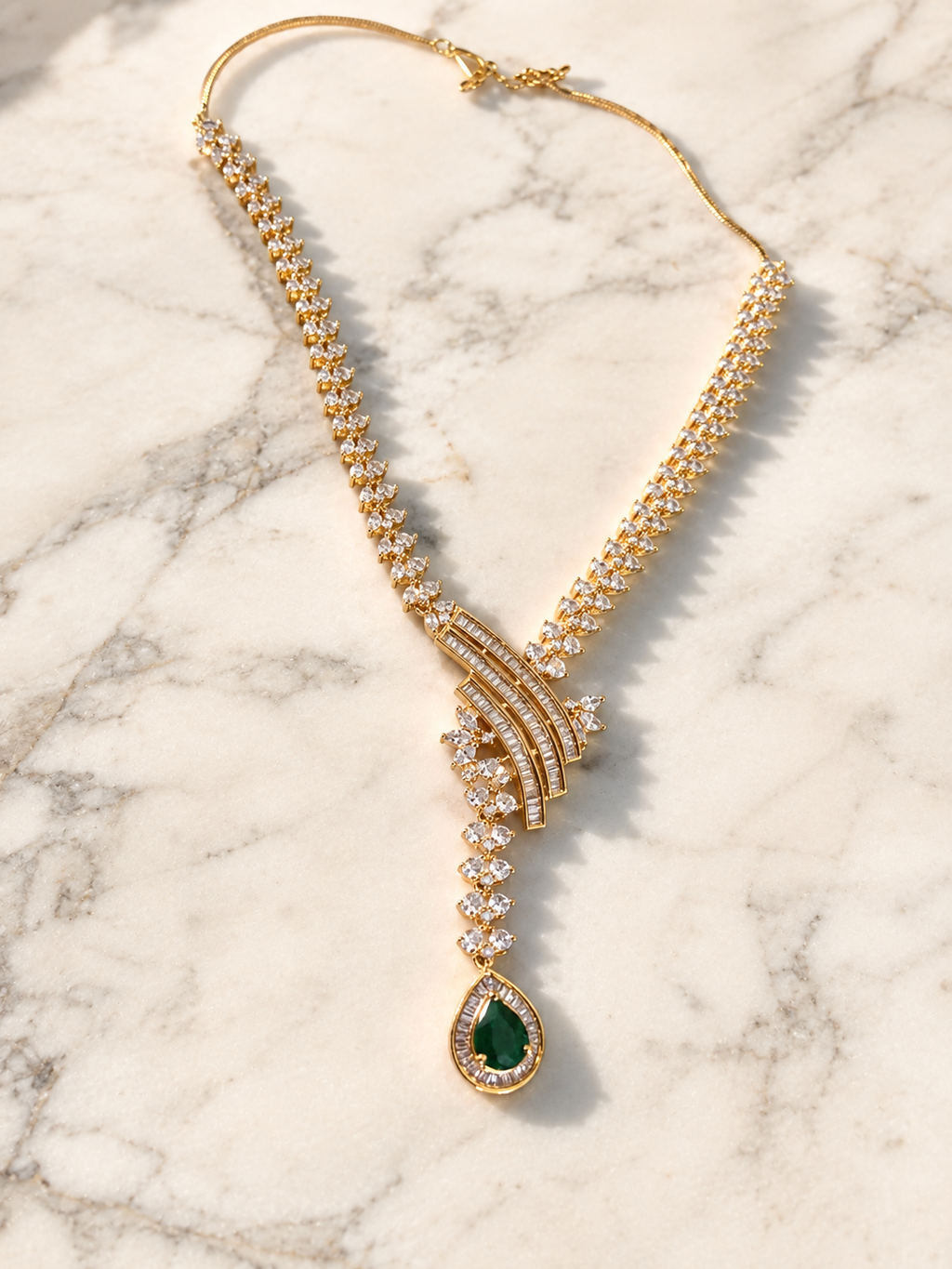 Emerald Cascade Diamond Look Necklace Set | Green Stone American Diamond Jewellery