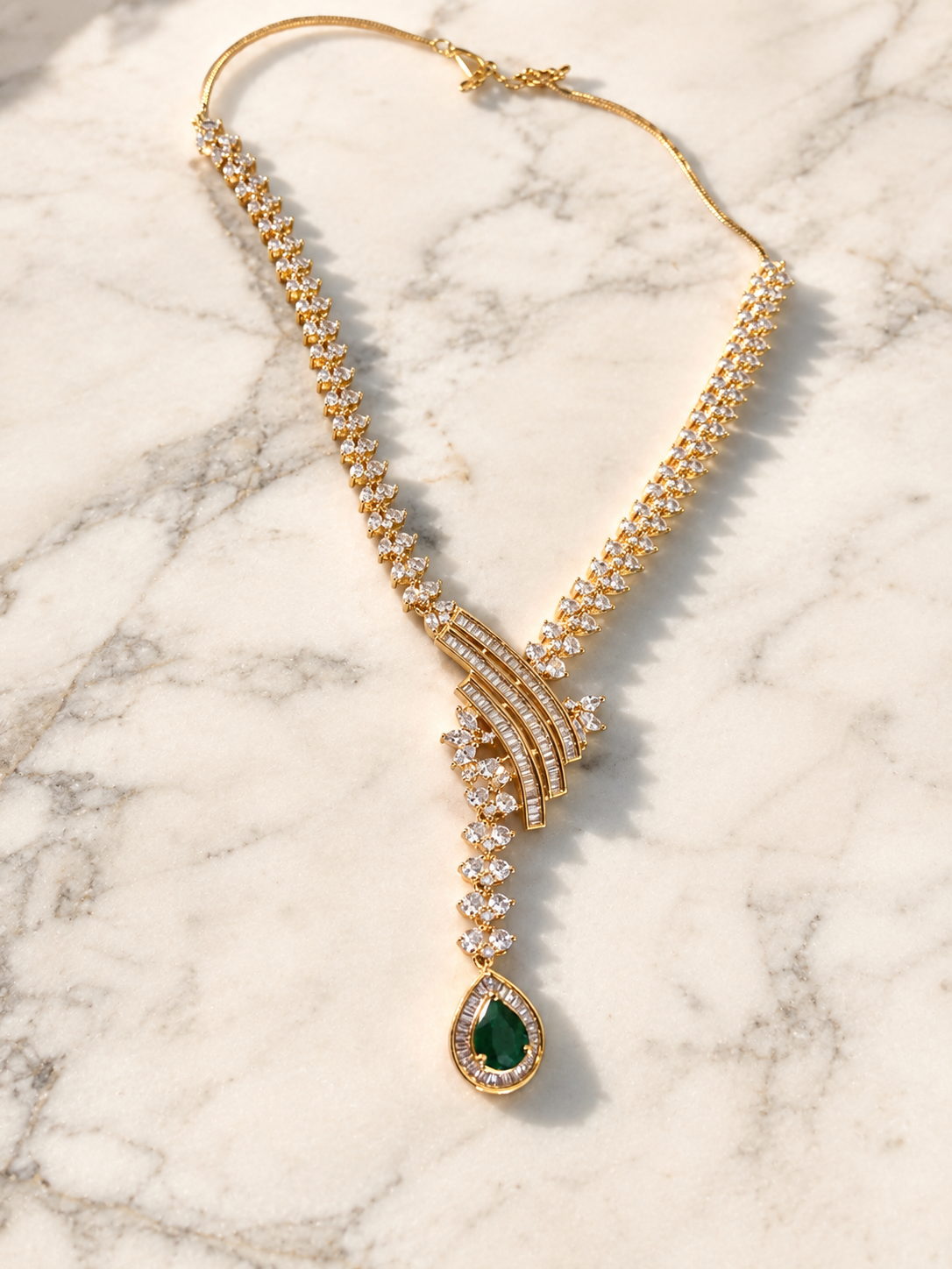 Emerald Cascade Diamond Look Necklace Set | Green Stone American Diamond Jewellery