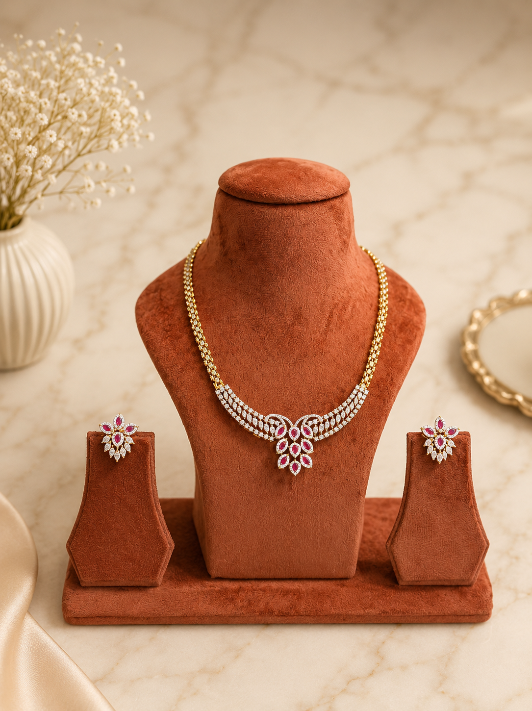 Ruby Floral Diamond Look Necklace Set | Elegant Red Stone Jewellery