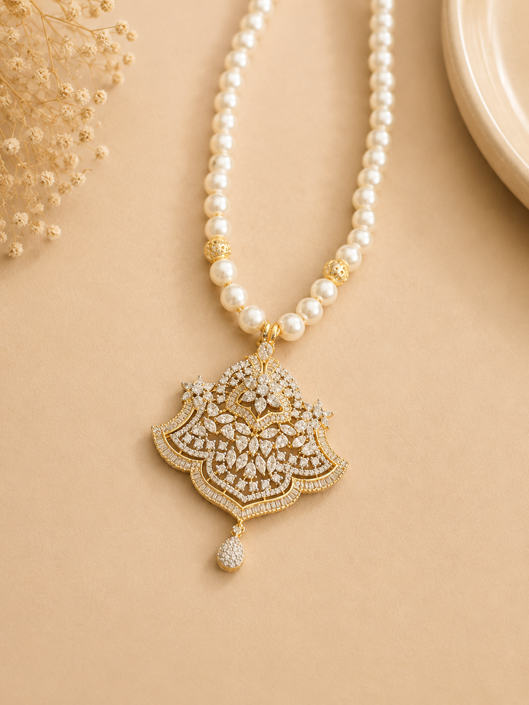 Pearl American Diamond Pendant Necklace Set with Earrings | Elegant Statement Jewellery