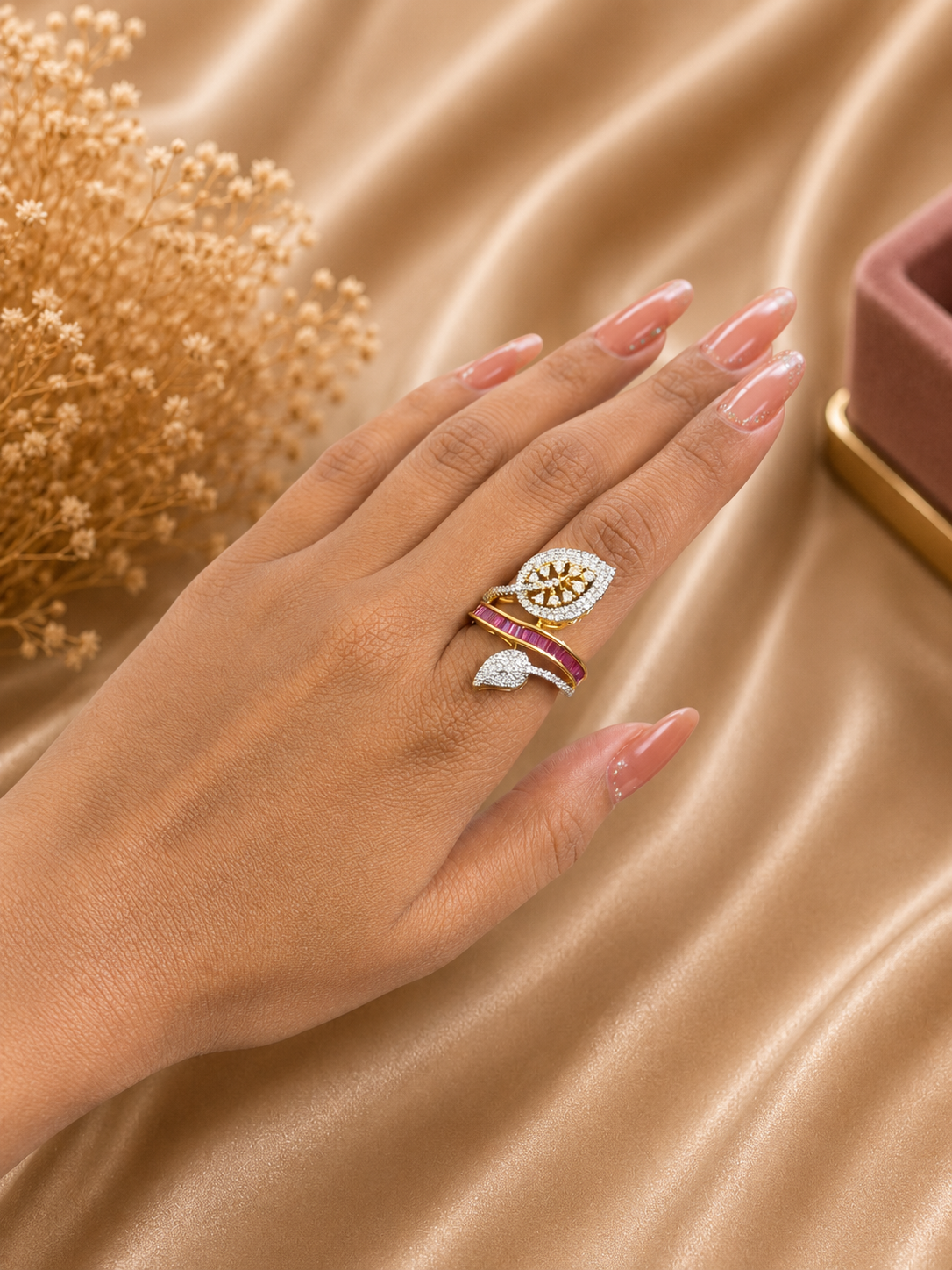 Ruby Pink Leaf Wrap Ring | American Diamond Adjustable Designer Cocktail Ring for Women