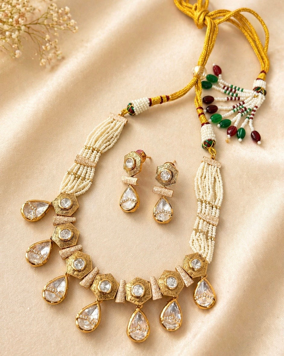 Gold Plated Kundan Drop Necklace Set with Pear Stone Dangling Motifs and Matching Earrings