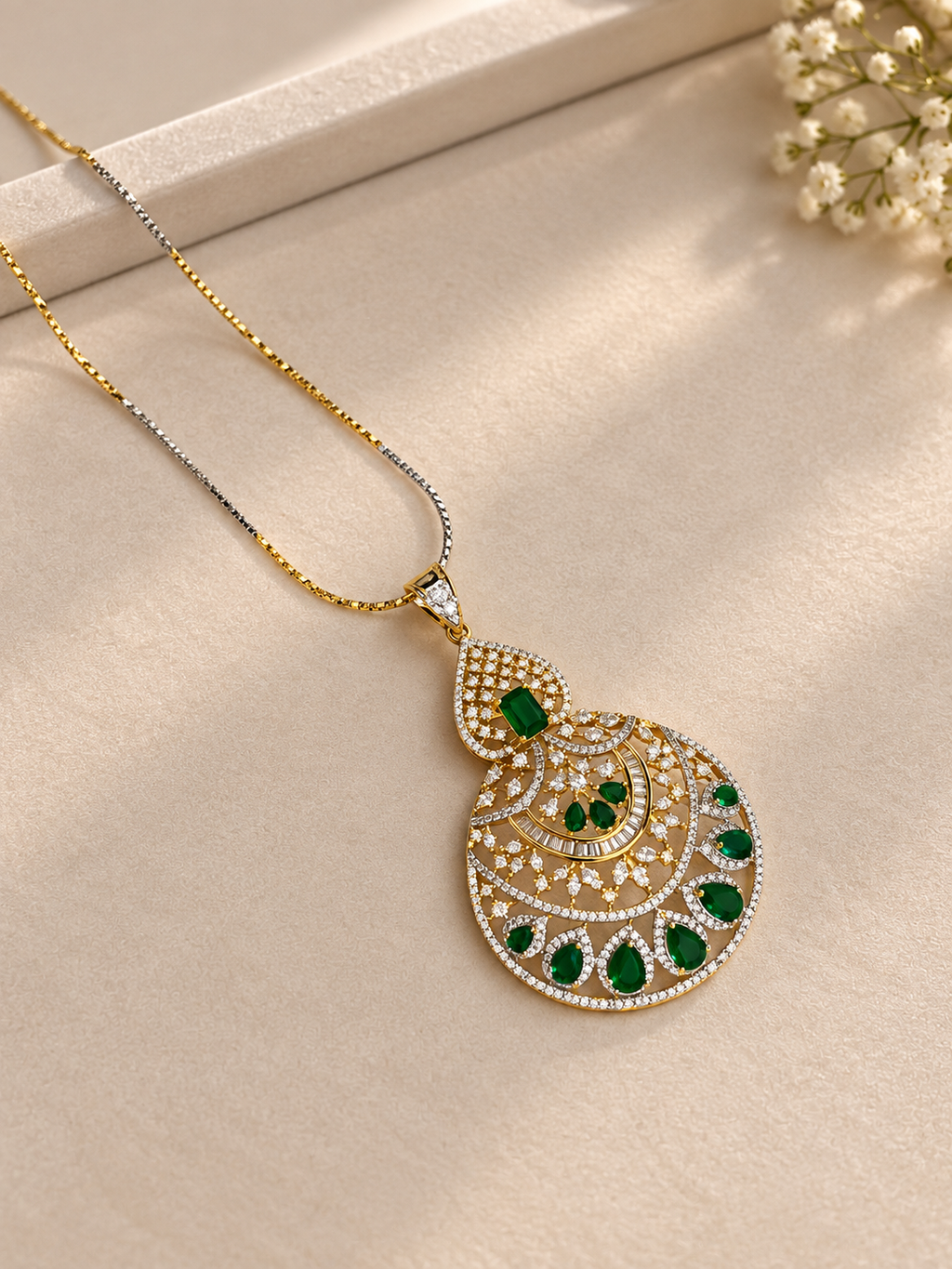 Green Stone Gold Look Necklace Set with Pendant