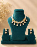 Gold Plated Kundan Drop Necklace Set with Pear Stone Dangling Motifs and Matching Earrings