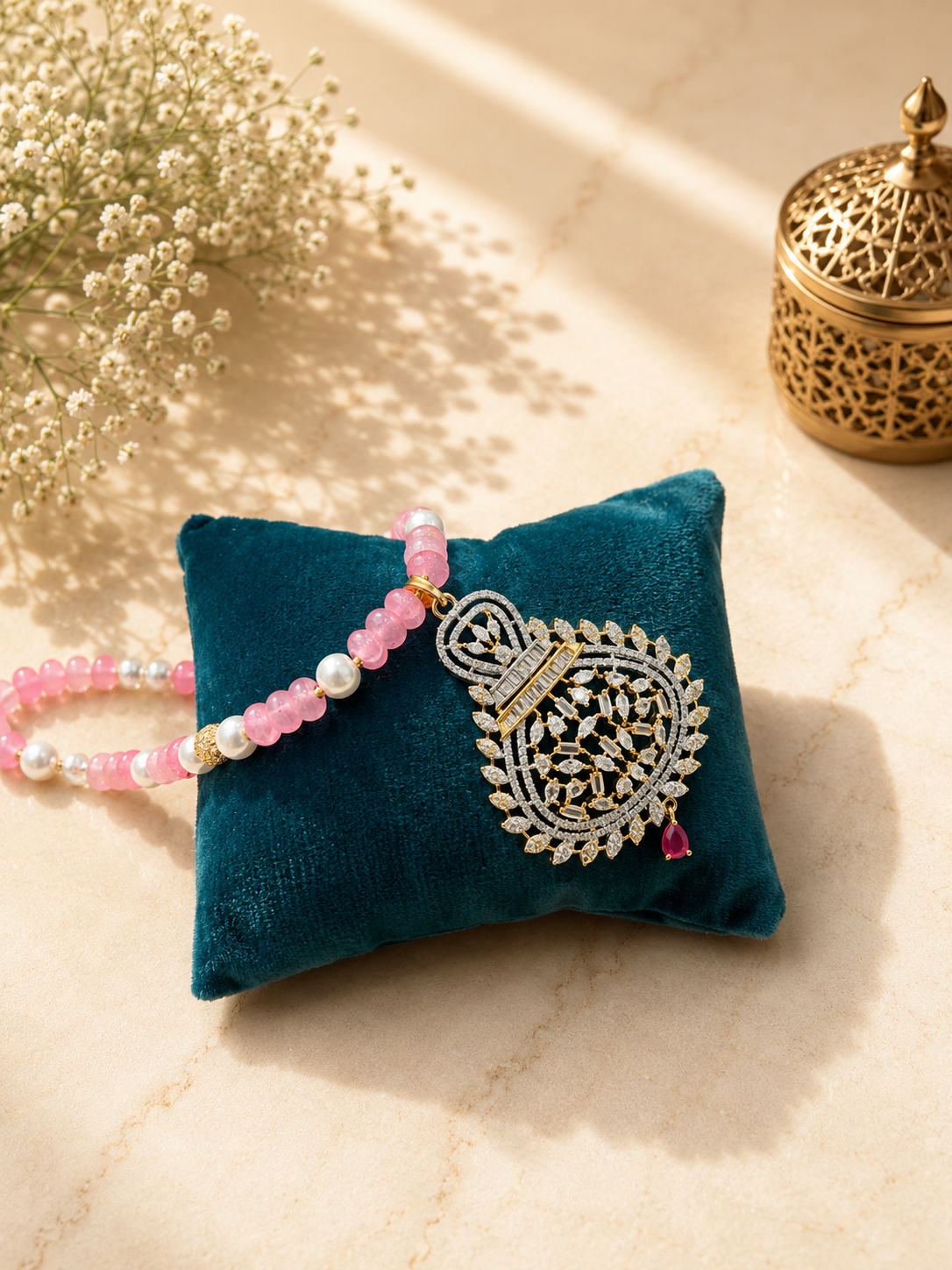 Pink Beaded Diamond Pendant Necklace Set | Pearl & Pink Stone Premium Anti Tarnish Jewellery