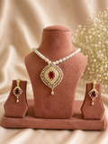 Pearl Necklace Set with Ruby Red Pendant & Earrings | American Diamond Party Wear Jewellery