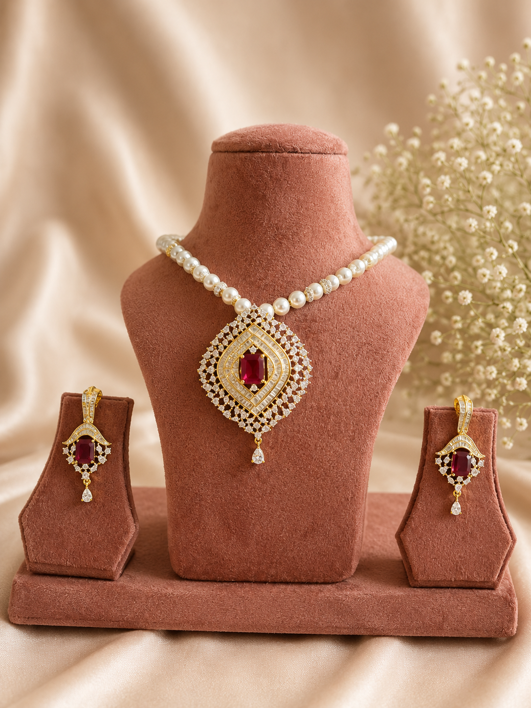 Pearl Necklace Set with Ruby Red Pendant & Earrings | American Diamond Party Wear Jewellery