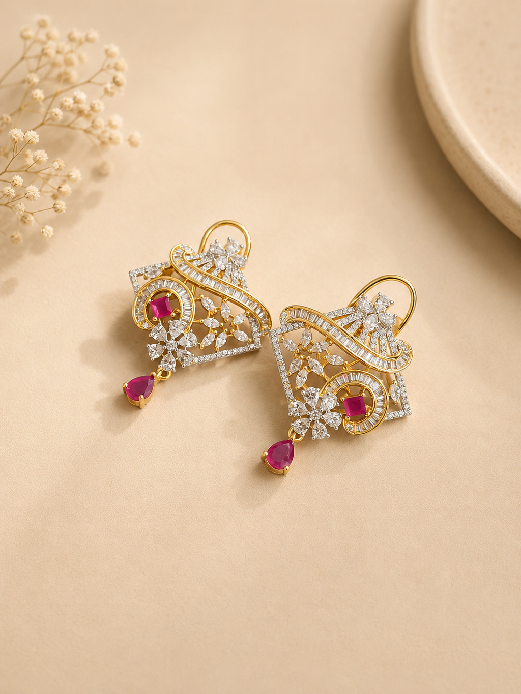 Pink Beaded American Diamond Pendant Necklace Set with Earrings | Designer Statement Jewellery