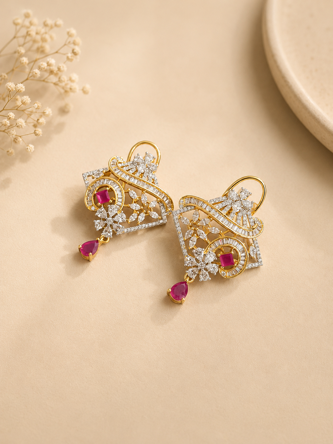 Pink Beaded American Diamond Pendant Necklace Set with Earrings | Designer Statement Jewellery