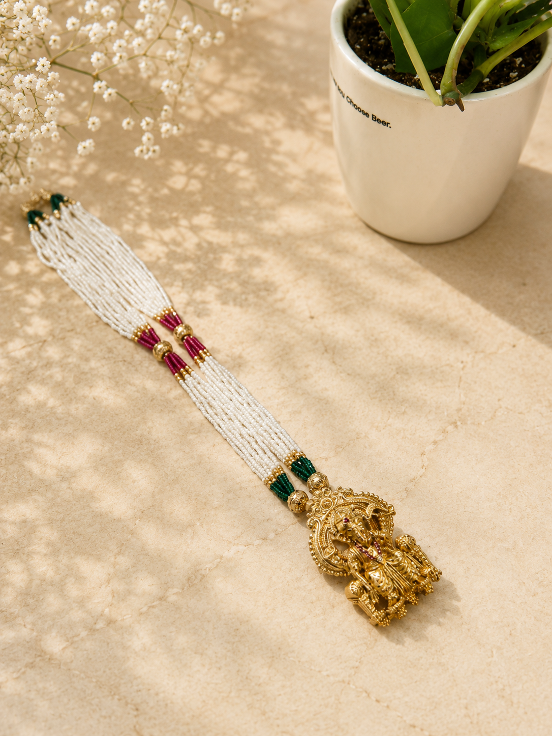 Antique Lakshmi Pendant Necklace Set | White Beaded Temple Jewellery with Jhumka Earrings | Anti Tarnish
