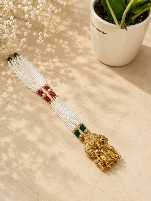 Antique Lakshmi Pendant Necklace Set | White Beaded Temple Jewellery with Jhumka Earrings | Anti Tarnish