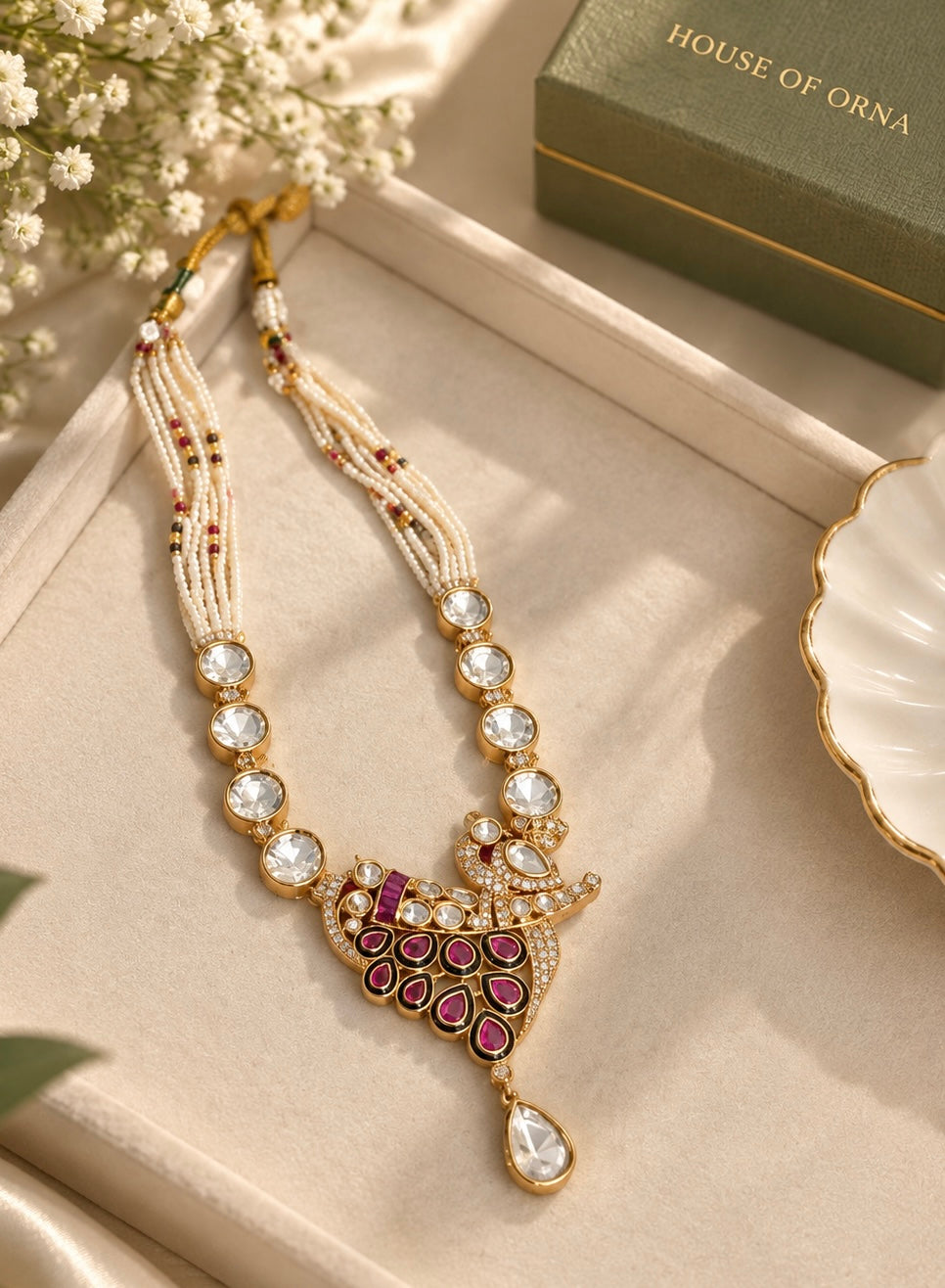 Gold Ruby Peacock Necklace Set