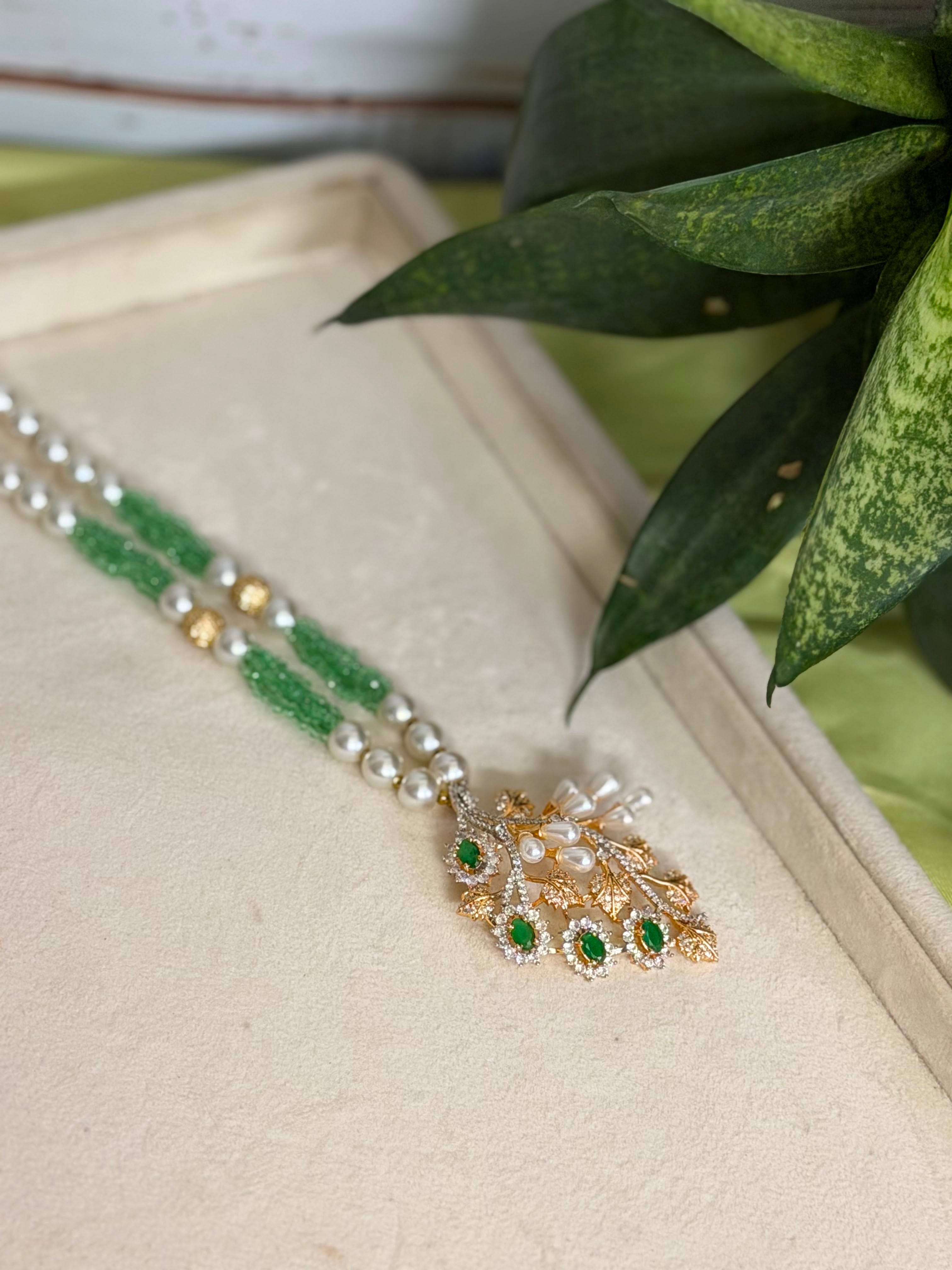 Emerald Pearl Pendant Set | Green Beaded Necklace Set | Anti Tarnish Jewellery