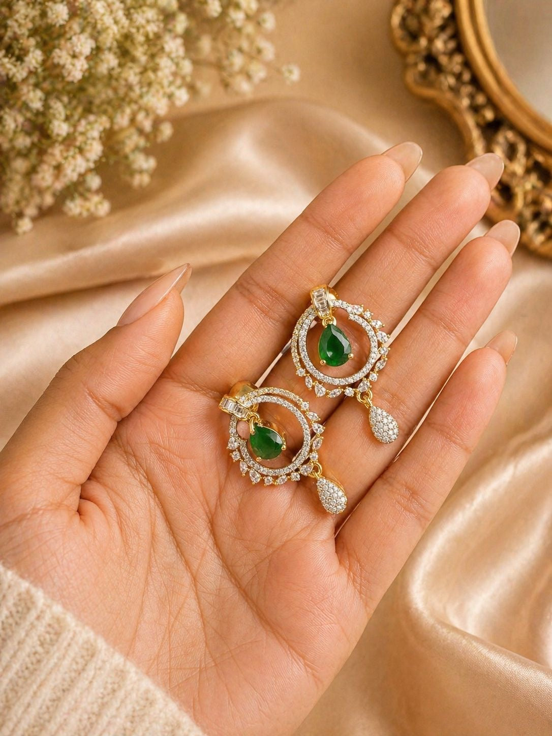 Green Stone and Pearl Gold Plated Pendant Necklace Set with Matching Earrings