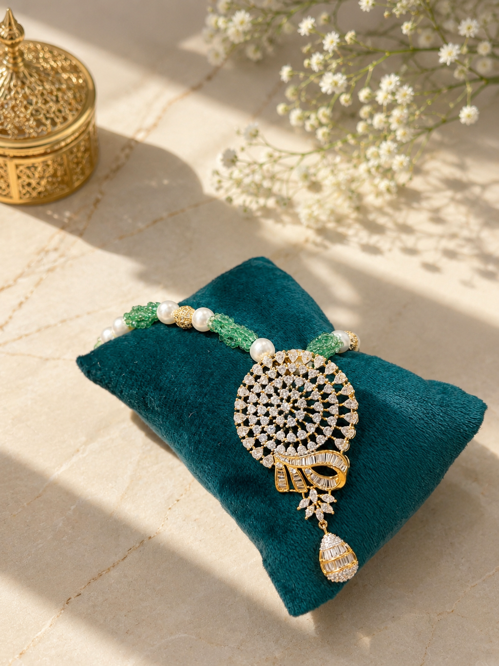 Diamond Pendant Pearl Beaded Necklace Set | Green Beads & Pearl Premium Anti Tarnish Jewellery