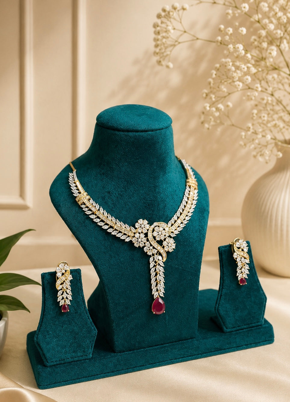 Ruby Drop Diamond Look Necklace Set | Statement Bridal Jewellery